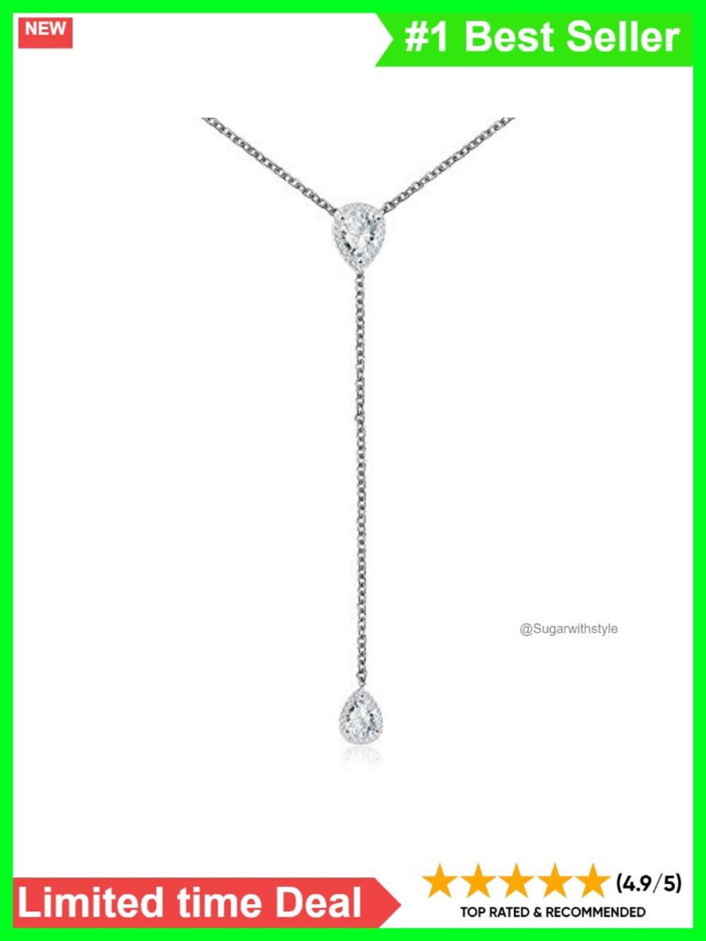 Sterling Silver Y-Necklace Pear Cut CZ Lariat Adjustable 16" Drop